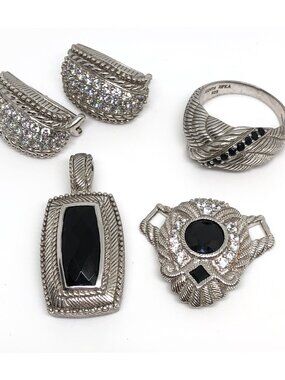 Judith Ripka CZ Onyx Sapphire Sterling Silver LOT OF 4 Ring Earrings Pendant